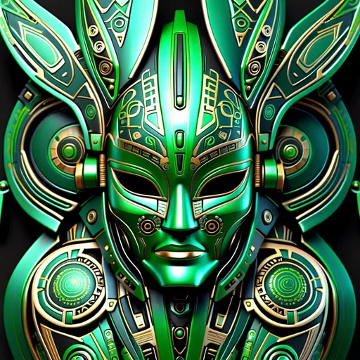 Prompt: Metallic robotic mask, indigenous pattern graphics, 3D rendering, intricate metallic details, high quality, futuristic, tribal fusion, metallic shine, shiny indigenous patterns, cybernetics, culture and ancestry fusion, technological art, intricate designs, metallic finish, various shades of green color