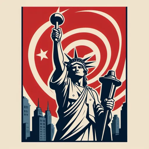 Prompt: A stylized and powerful illustration for a t-shirt featuring a worker standing tall, holding a hammer raised high as a symbol of solidarity and struggle. The background combines elements of the communist revolution, such as red flags, the red star, and the hammer and sickle, with iconic American symbols like the American flag waving in the wind and the Statue of Liberty holding a torch. The worker is surrounded by comrades with raised fists, holding signs demanding union rights such as "Equality," "Justice," "Solidarity," and "Dignified Work." The composition merges American imagery with the revolutionary spirit, using strong colors like red, black, white, and blue to emphasize the message of unity and the fight for workers' rights.