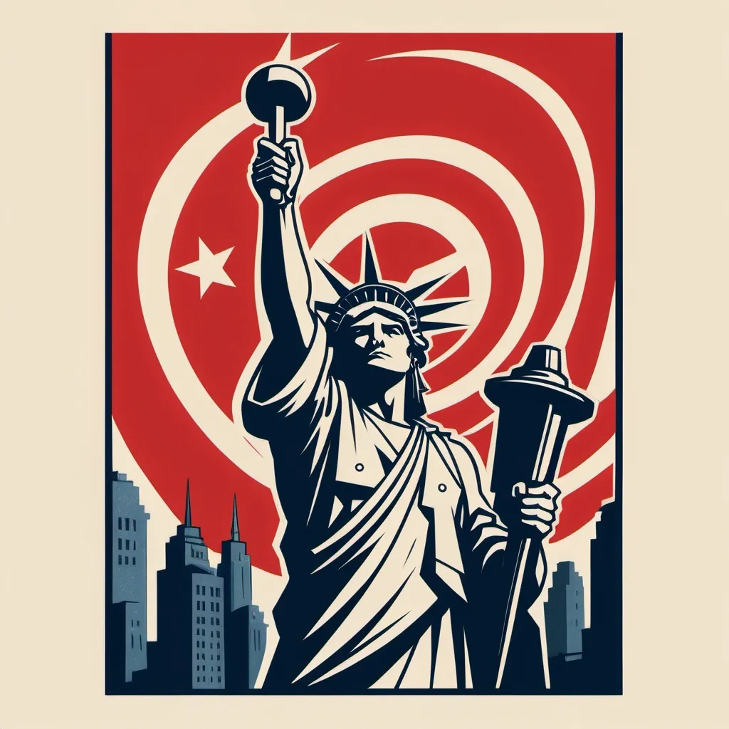 Prompt: A stylized and powerful illustration for a t-shirt featuring a worker standing tall, holding a hammer raised high as a symbol of solidarity and struggle. The background combines elements of the communist revolution, such as red flags, the red star, and the hammer and sickle, with iconic American symbols like the American flag waving in the wind and the Statue of Liberty holding a torch. The worker is surrounded by comrades with raised fists, holding signs demanding union rights such as "Equality," "Justice," "Solidarity," and "Dignified Work." The composition merges American imagery with the revolutionary spirit, using strong colors like red, black, white, and blue to emphasize the message of unity and the fight for workers' rights.