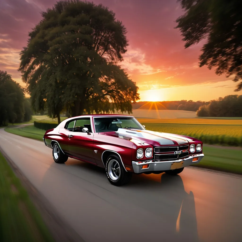 Prompt: A burgundy 1970 Chevelle cruising on a sunset countryside road