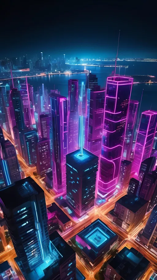 Prompt: A labyrinthine network of neon-lit cyberpunk structures hovers above a sprawling metropolis, casting a mesmerizing glow on the city below. In a stunning light painting photograph, the focal point is a sleek, towering skyscraper adorned with intricate, glowing circuitry. The image captures the sleek, futuristic aesthetic of the floating island, with vibrant hues of electric blue and pulsating magenta creating a dynamic and immersive visual experience. Every detail, from the reflective surfaces to the intricate patterns of light, is rendered with exceptional clarity and precision, showcasing the artist's mastery of light and composition. This evocative and captivating image transports the viewer to a world where technology and urbanism converge in a mesmerizing display of innovation and elegance.