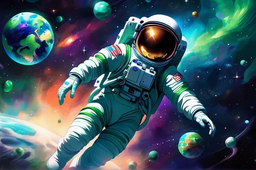 Prompt: Astronaut flying freely beside the Earth, digital illustration, deep space backdrop, astronaut in detailed space suit, Earth in vibrant blue and green hues, astronaut floating weightlessly, cosmic background with stars and nebulas, high quality, digital art, vibrant colors, atmospheric lighting