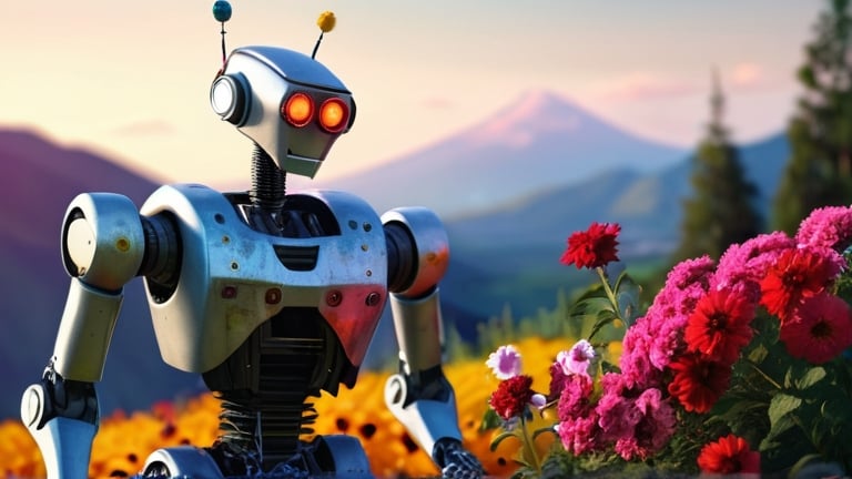 Prompt: Abandoned robot holding flowers, broken-face robot, colorful garden, red flower, yellow eyes, distant mountains, super realistic, 4k, full body, colorful, broken robot, detailed flowers, scenic landscape, emotional, realistic lighting
