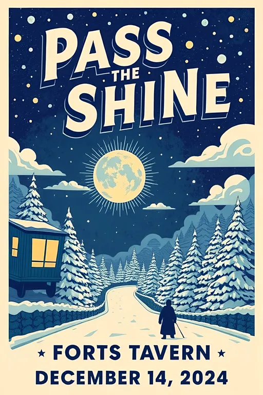 Prompt: hand illustrated poster for "Pass The Shine", "Forts Tavern December, 14, 2024"