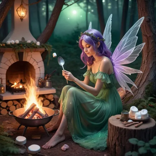 Prompt: (purple-haired fairy), wearing a (flowing green dress), gossamer wings shimmering, cooking marshmallows over a (crackling fire), enchanting ambiance, (soft glow), (warm colors) blending with the night sky, whimsical setting, (dreamy atmosphere), a pair of spoons casually resting by her feet, intricate details, (ultra-detailed), magical forest background, charming and cozy vibe.