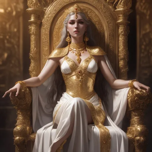 Prompt: A Goddess adourned in a beautiful gold and silky white dress with priceless jewels in her golden left arm while she is sitting on a throne.