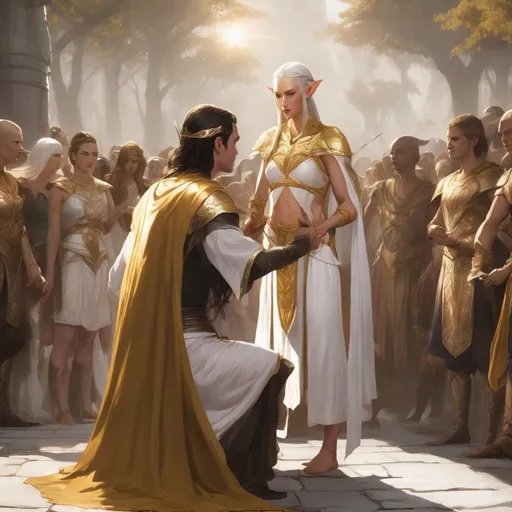 Prompt: An elven adventurer bowing in front of a crowd while a Goddess with gold and white robes sits behind him.