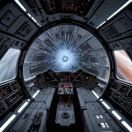 Prompt: generate an image for use as zoom background, that is the inside of the millenium falcon going through hyperspace