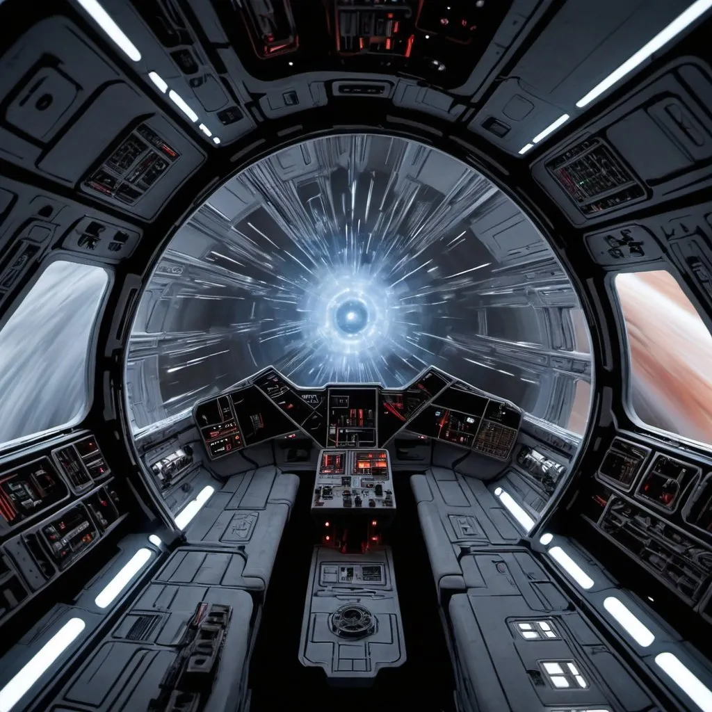 Prompt: generate an image for use as zoom background, that is the inside of the millenium falcon going through hyperspace