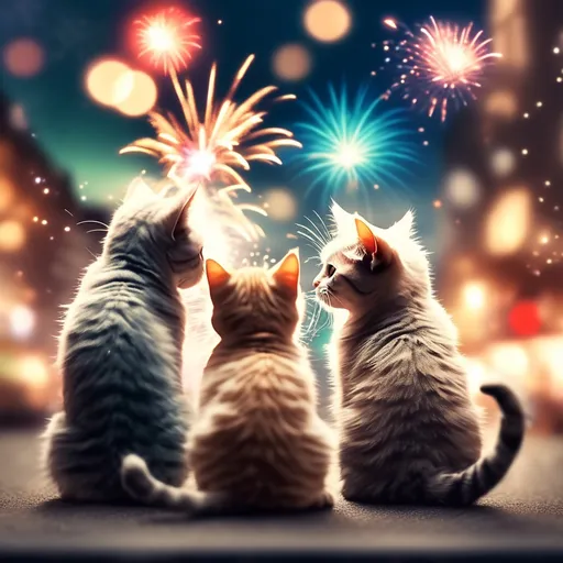 Prompt: Cats, bokeh, fireworks, happy new year, three cats having fun, fireworks far away, realist, city, intricate details, beautifully shot, hyperrealistic, sharp focus, colorful, dreamy, detailed, cinematic, atmospheric, moody, photography