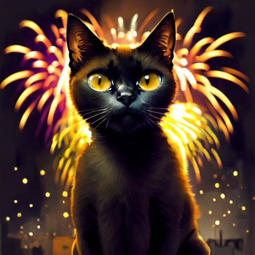 Prompt: Siamese Cat sitting wall, fireworks in the sky, 3 random cays playing in the distance, bokeh, realist but dreamy