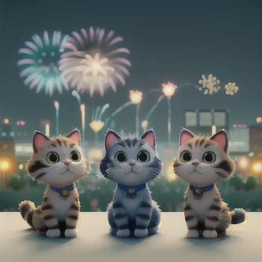 Prompt: Cats, bokeh, fireworks, happy new year, three cats having fun, fireworks far away, realist, city, intricate details, beautifully shot, hyperrealistic, sharp focus, colorful, dreamy, detailed, cinematic, atmospheric, moody, photography