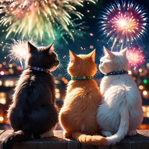 Prompt: Cats, bokeh, fireworks, happy new year, three cats having fun, fireworks far away, realist, city, intricate details, beautifully shot, hyperrealistic, sharp focus, colorful, dreamy, detailed, cinematic, atmospheric, moody, photography