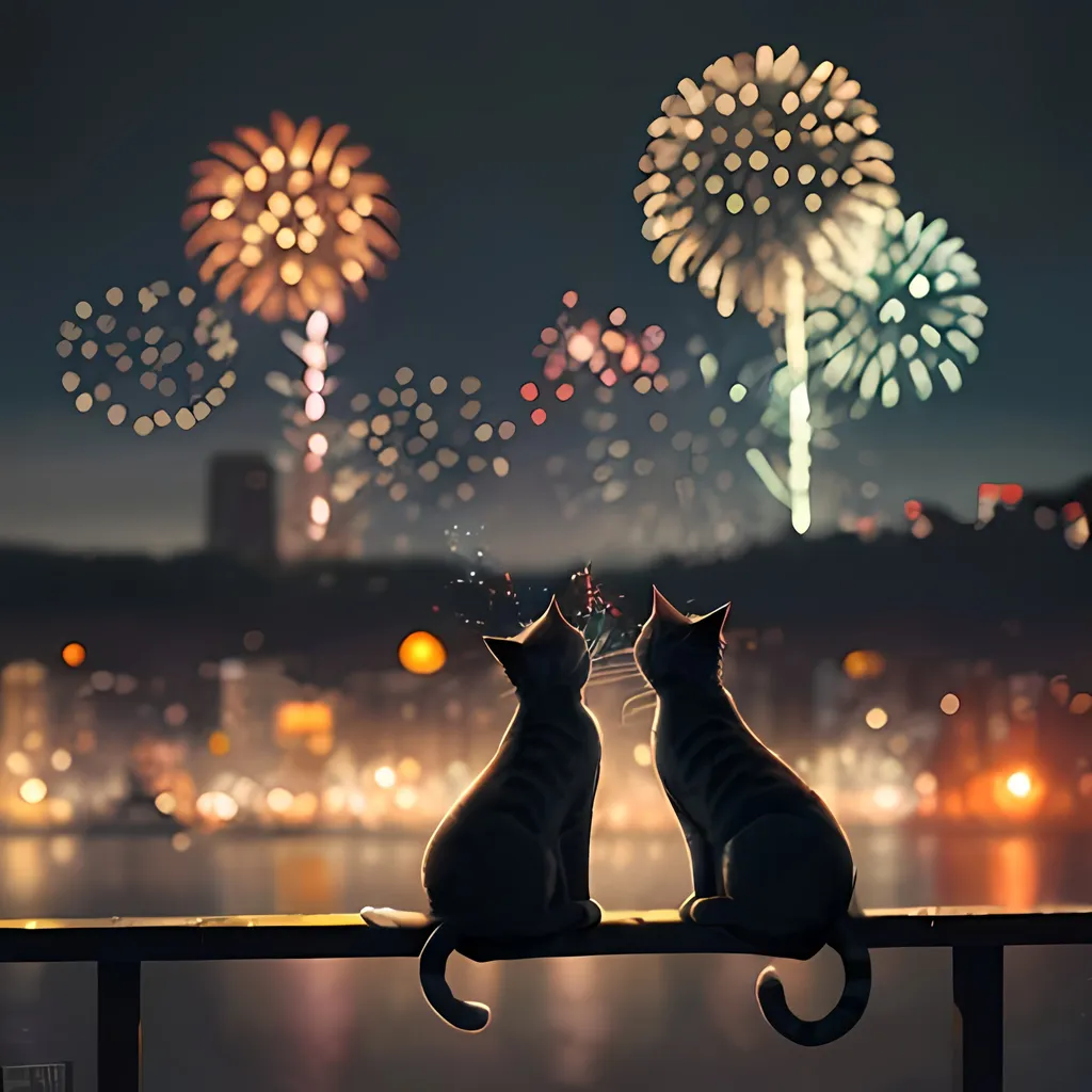 Prompt: Cats, bokeh, fireworks, happy new year, three cats having fun, fireworks far away, realist, city, intricate details, beautifully shot, hyperrealistic, sharp focus, colorful, dreamy, detailed, cinematic, atmospheric, moody, photography