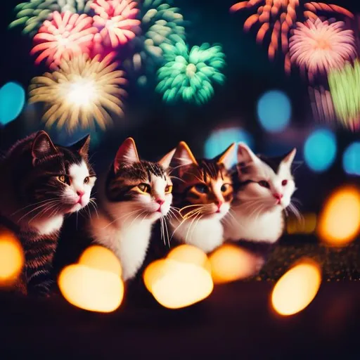 Prompt: bokeh, happy new year, three cats having fun, fireworks far away, realist but dreamy