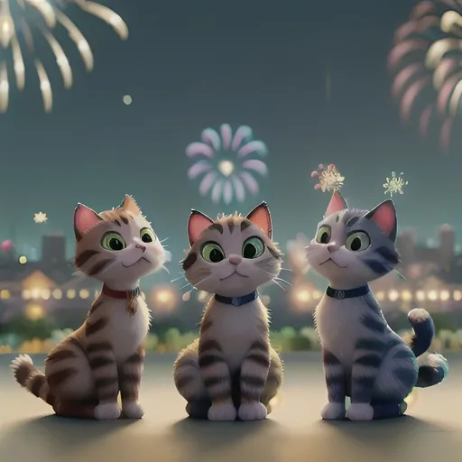 Prompt: Cats, bokeh, fireworks, happy new year, three cats having fun, fireworks far away, realist, city, intricate details, beautifully shot, hyperrealistic, sharp focus, colorful, dreamy, detailed, cinematic, atmospheric, moody, photography