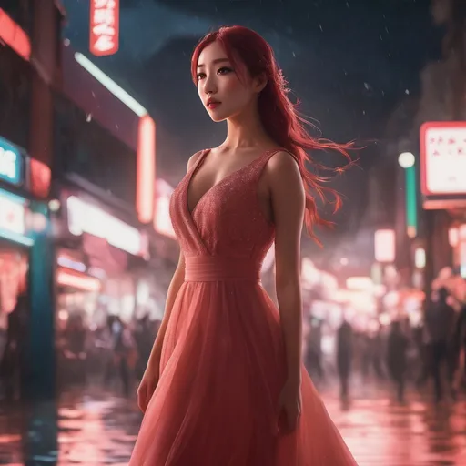 Prompt: High-quality glamorous Asian, 1 girl, glamours and simple, red dress spark,  beauty make-up, wet hair, mid glimmering shining salmon pink hair style, dramatic lighting,  dreamy background, 4k resolution, ultra-detailed, raining japan street, vibrant colors, elegant atmosphere, dramatic lighting,  high-end patrons, professional illustration, stargazing effect, Tyndall effect, Particles and dust, Explosions, smoke and dust, windy, cinematic lighting, (flare and glow:0,3), (depth of field:0.9)