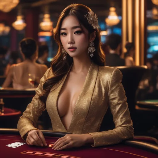 Prompt: High-quality glamorous Asian, semi e-girls, vibrant and luxurious, gaming, stylish and sophisticated atmosphere, elegant patrons in evening wear, dramatic lighting with golden hues,  detailed poker cards and chips background, 4k resolution, ultra-detailed, glamorous, vibrant colors, elegant atmosphere, dramatic lighting, luxurious interior,  high-end patrons, holding detailed cards and chips, professional illustration, stargazing effect, Tyndall effect, Particles and dust, Explosions, smoke and dust, windy, cinematic lighting, (flare and glow:0,3), (depth of field:0.9)