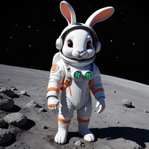 Prompt: bunny character wear
Space Suit**: A sleek, white space suit with neon accents, long ears sticking out of the helmet with antenna-like attachments.
     - **Expressions**: Big, curious eyes with a hint of wonder and excitement.
     - **Accessories**: A carrot-shaped oxygen tank, space gloves with tiny carrot icons.

   - **Activities**:
     - **Hopping on an Alien Planet**: Jumping around a colorful, alien landscape with unusual plants and rocks.
     - **Stargazing**: Sitting on an asteroid, looking up at the stars with a telescope.
     - **Collecting Space Carrots**: Gathering glowing, space-themed carrots from an alien garden.