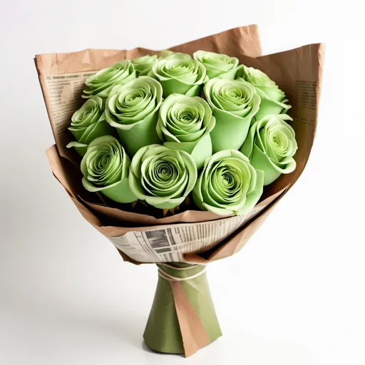 Prompt: Green rose bouquet wrapped in brown newspaper vertically on white background