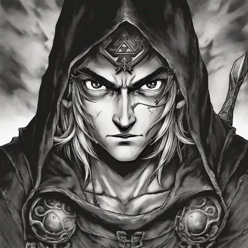 Prompt: The legend of zelda:overcast:fantasy illustration,the legend of zelda, ocarina of time, link, zelda, majoras mask, hyper realistic, dark, ominous, grimdark, fantasy, eldritch, art style of berserk by author Kentaro Miura