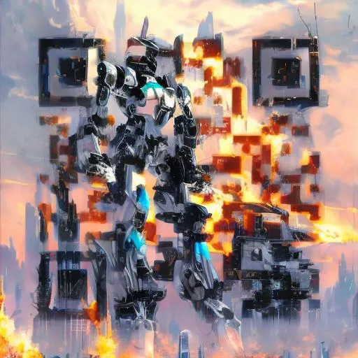 Prompt: masterpiece, best quality, mecha, no humans, black armor, blue eyes, science fiction, fire, laser canon beam, war, conflict, destroyed city background