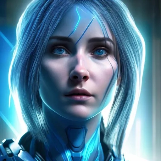 Prompt: Cortana AI, Halo 3 , head shot, looking pensive and serious, vibrant colors, unreal render