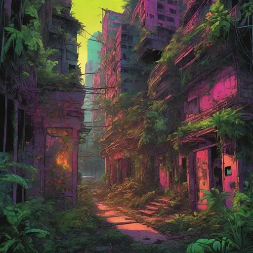 Prompt: Delapidated city covered in jungle nature, vibrant neon colors at sunrise, graphic novel style, detailed ruins, lush greenery, overgrown buildings, atmospheric lighting, sunrise glow, graphic novel, vibrant neon colors, jungle nature, detailed vegetation, city decay, sunrise, professional, atmospheric lighting