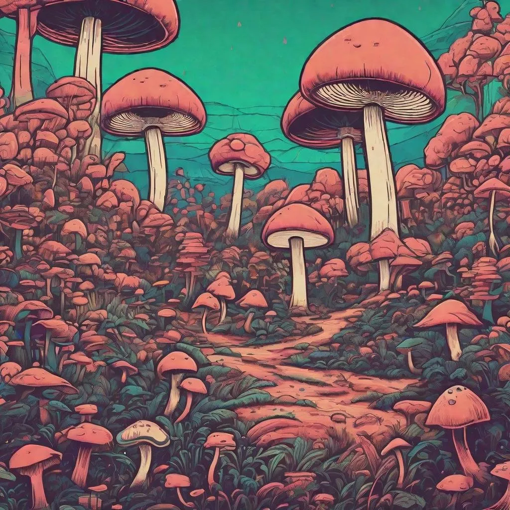 Prompt: retro 80s art, mushroom grove, minimalistic, elegant line design, happy faces surrounding, retro art, synthwave, forest in background, highly detailed