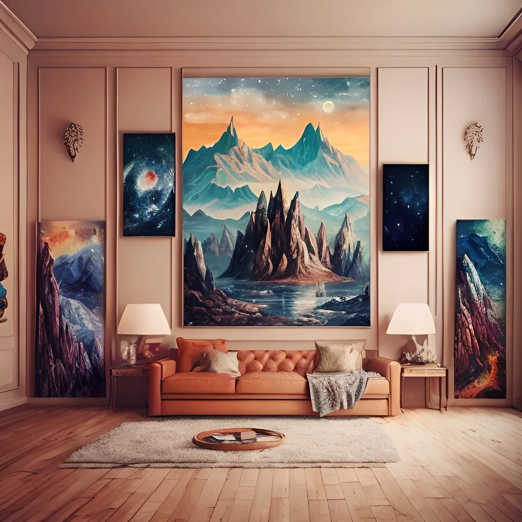 Prompt: There are dozens of illustrated paintings in a room. It resembles an art room. magnificent drawings and realistic touches. different color tones. space, mountains, oceans and stars. high reality. 16:9 style. dream room
