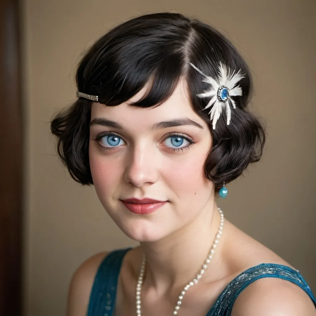 Prompt: Young flapper woman with dark hair and blue eyes, hair is bobbed, dimples
