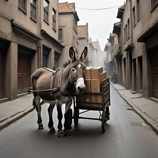 Prompt: Draw a Rembrandt painting of a donkey hauling a cart full of computer equipment down a sad empty street.