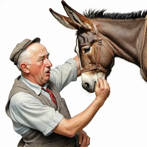 Prompt: Draw a Norman Rockwell painting of a middle aged man slapping a donkey on the rear end.