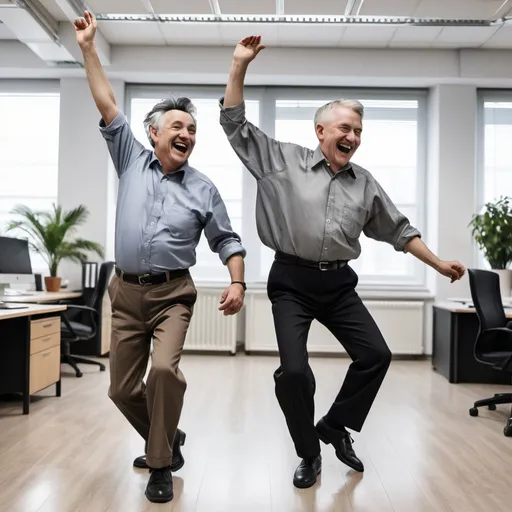 Prompt: middle-old men with grey and black hair happy, dancing in the office