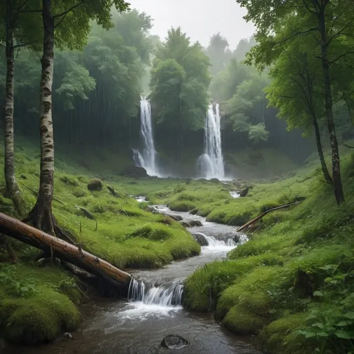 Prompt: landscape of a forest with streams rain and waterfalls