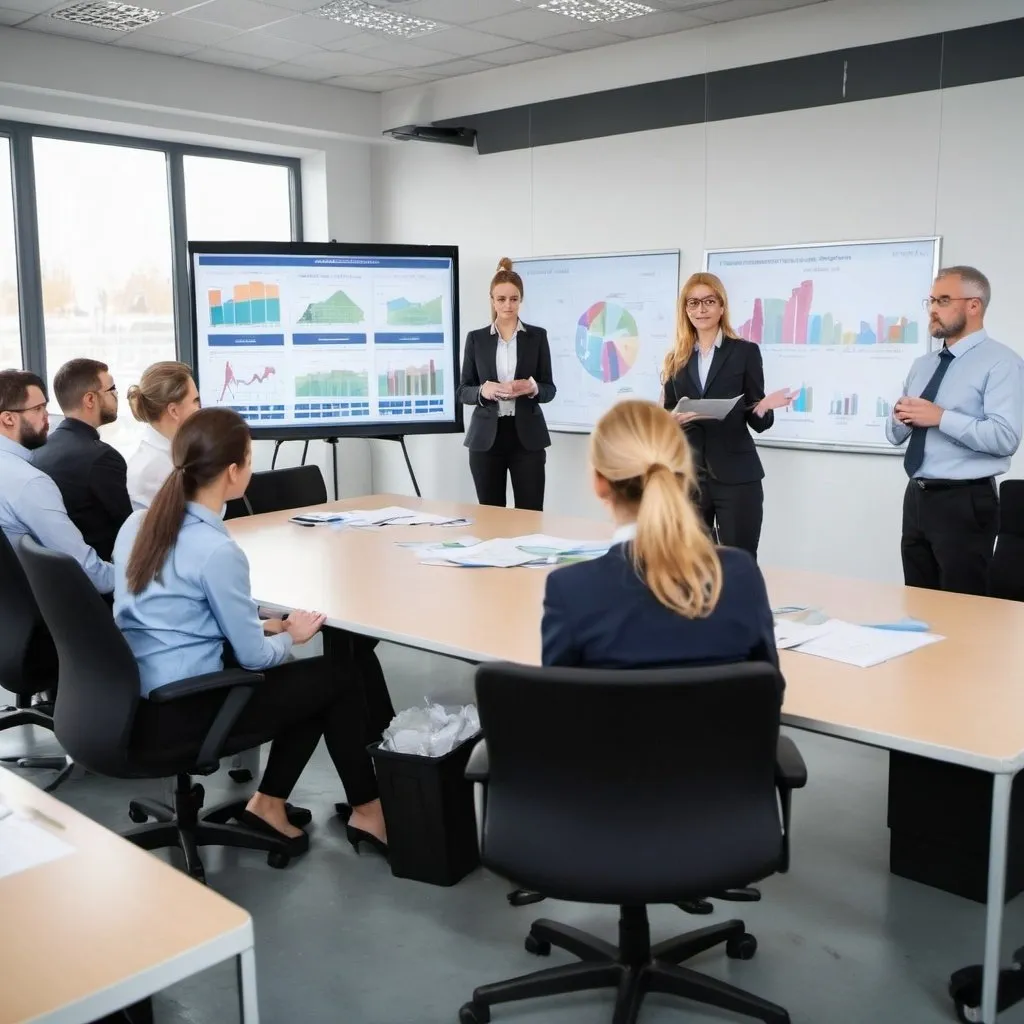 Prompt: HiTech professional waste management training. 
Session with very attractive female instructor in foreground. With 15 adult  people.
Full of technology. Large displays with charts