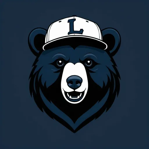 Prompt: Simplistic, modern baseball logo featuring a black bear wearing a baseball cap with the letter "L".  Colors are dark-blue and white.