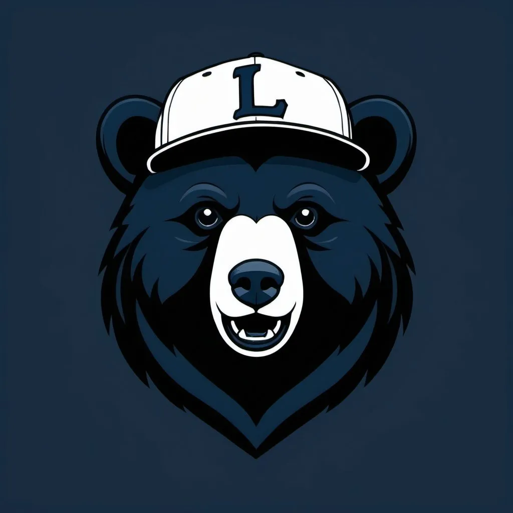 Prompt: Simplistic, modern baseball logo featuring a black bear wearing a baseball cap with the letter "L".  Colors are dark-blue and white.