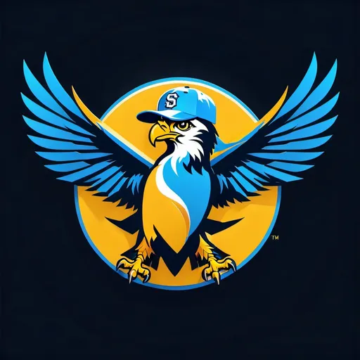 Prompt: simple baseball logo featuring a hawk with wings outstretched, wearing a baseball cap with a lightning bolt, style of SAUL BASS, 3d gold crest,octane render.  Colors are blue and maize.