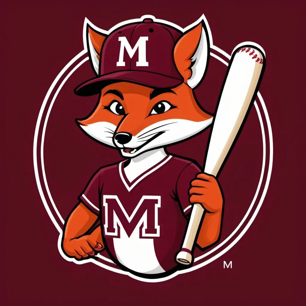 Prompt: A baseball logo for the Mobile Maroons baseball team, featuring a cartoon-like red fox wearing a white baseball cap with the letter M, and holding a baseball bat.  Logo colors are maroon and white.