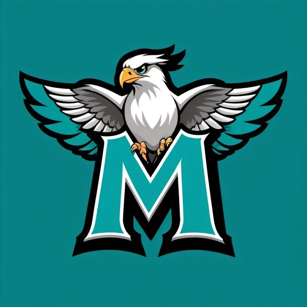 Prompt: Baseball logo featuring a flying Falcon superimposed on a letter "M".  Cartoonish.  Colors are turquoise, white and gray.