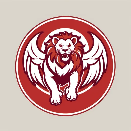 Prompt: Circular baseball logo featuring a simplified lion, profile view, jumping, with wings on its back.  Colors are red and white.  