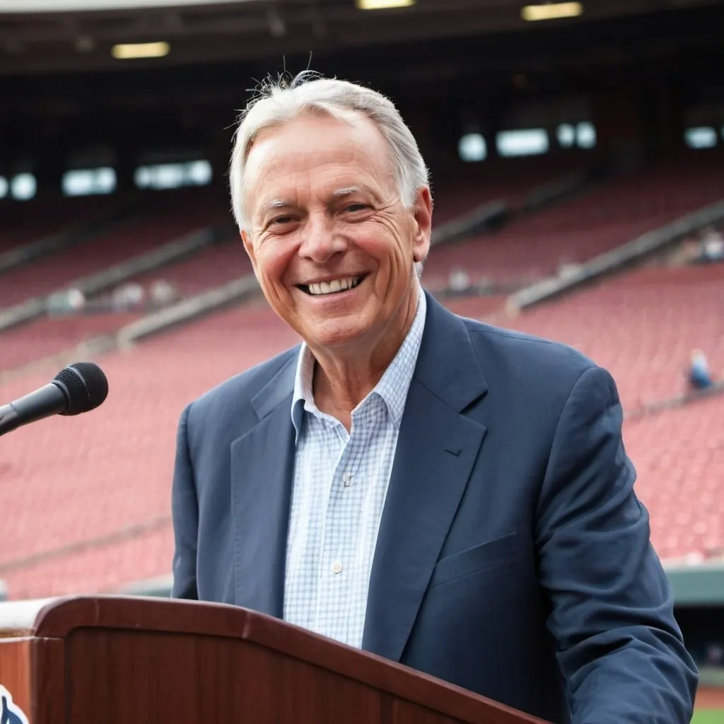 Prompt: 65-year old executive, smiling, behind a podium, at a baseball stadium.