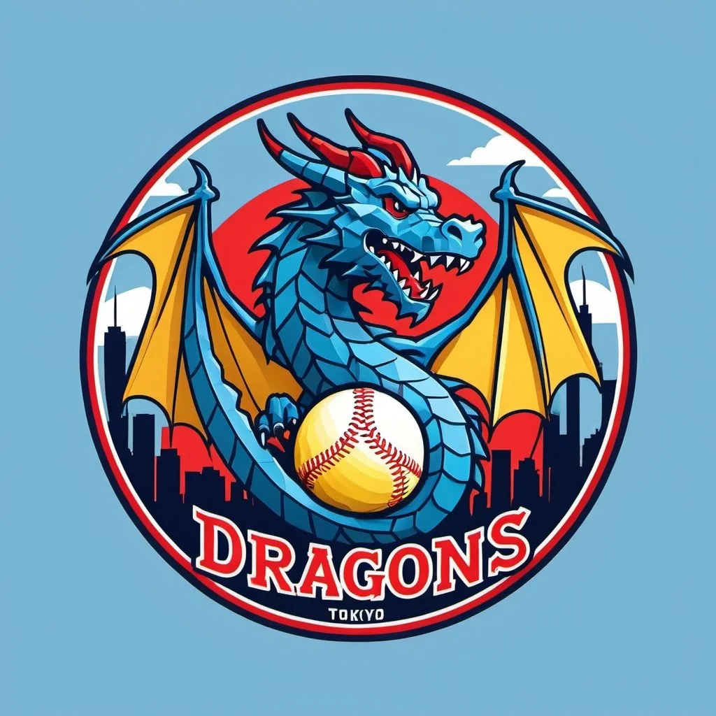 Prompt: A simple circular baseball team logo featuring a cartoon-like dragon holding a baseball bat. light-blue, red, yellow. LOW POLY 3D TOKYO SKYLINE SILHOUETTE ABOVE TEXT "DRAGONS"