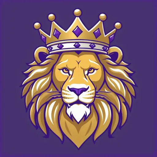 Prompt: Baseball logo featuring a cartoonish gold-colored lion wearing a crown.  Lion is superimposed on a baseball.  Colors are white, purple, and gold.