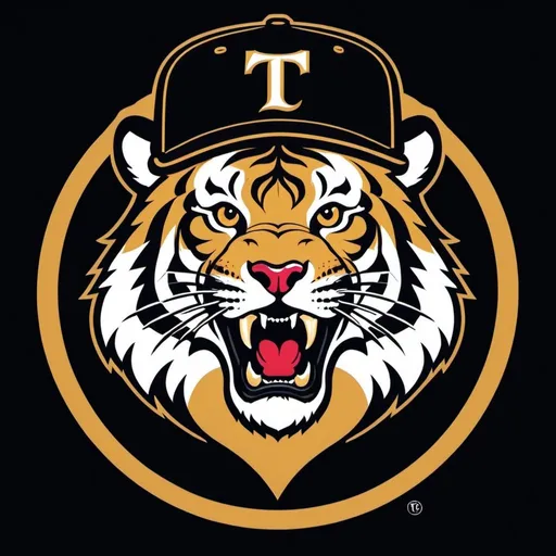 Prompt: A baseball logo featuring a tiger wearing a baseball cap with a letter "T".  Colors are gold and black.