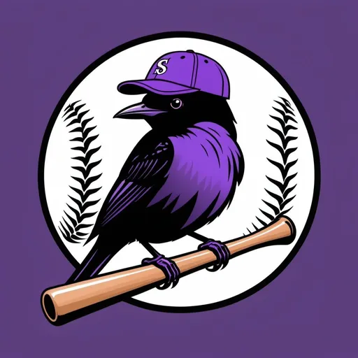 Prompt: Baseball logo featuring a Starling bird wearing a baseball cap, and perched on a baseball bat. Colors are purple and black.