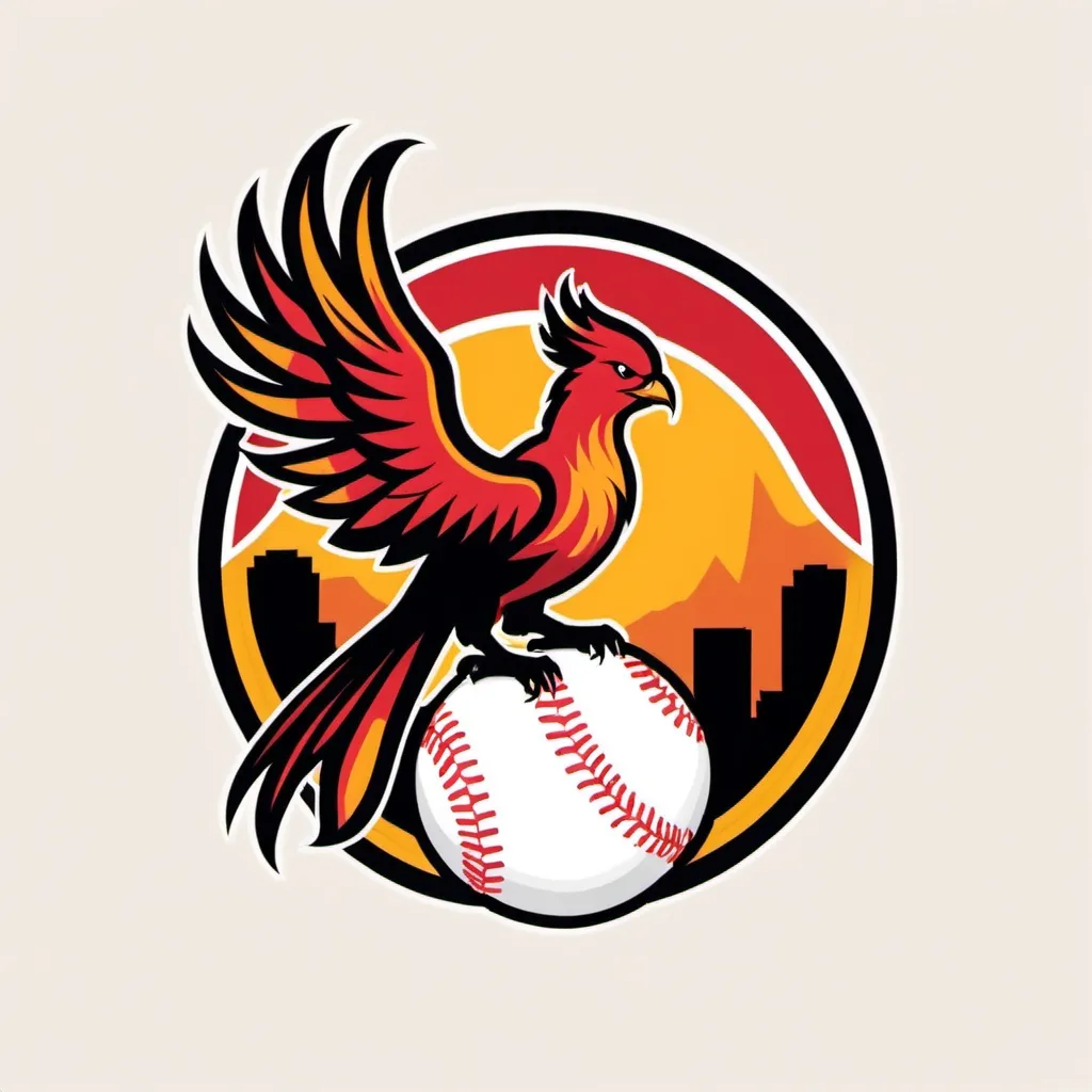 Prompt: Baseball logo featuring a Phoenix bird superimposed on a baseball.  Colors are red, yellow, orange, and black.