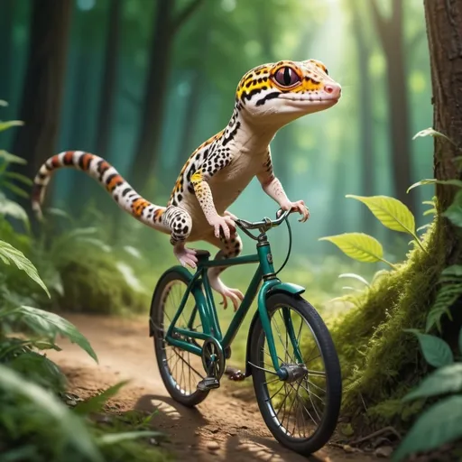 Prompt: A leopard gecko riding a bicycle in the deep forest while being chased by wolves 