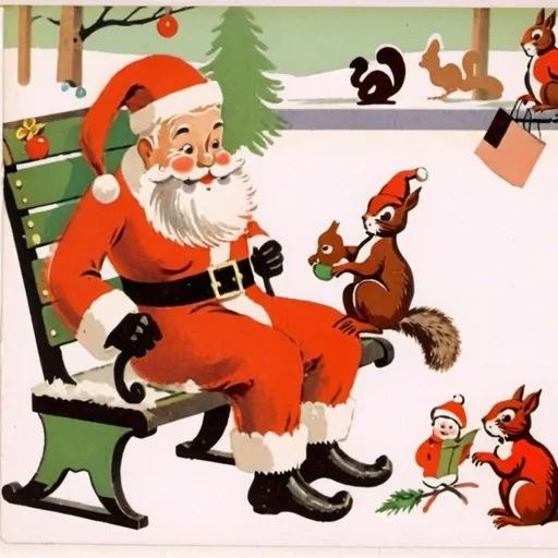 Prompt: a santa claus sitting on a bench with a squirrel on his lap and a squirrel on his shoulder,, Ernest William Christmas, folk art, kodachrome, a storybook illustration